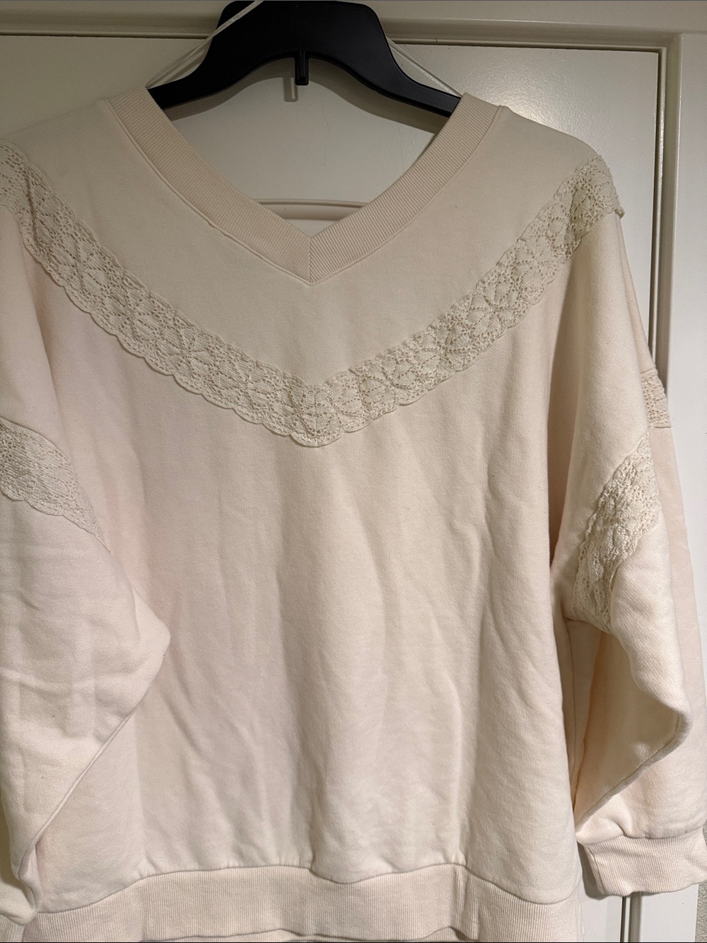 JoyLab Cream Lace-Trim V-Neck Sweatshirt - Picture 8 of 9